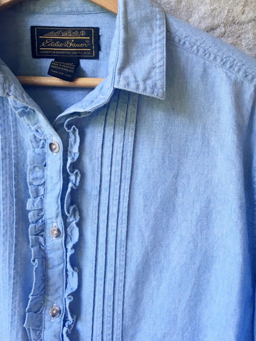 Long Sleeve Chambray Ruffle Button Down - Eddie Bauer